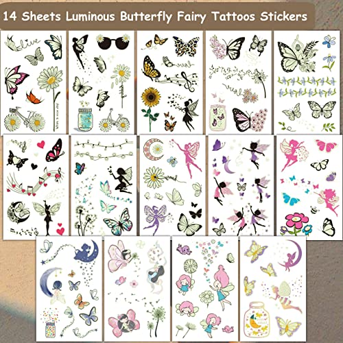 Luminous Butterfly Tattoos for Kids - 14 Sheets Glow in The Dark Butterfly Fairy Temporary Tattoos for Girls Birthday Party Favors Goodie Bag Fillers