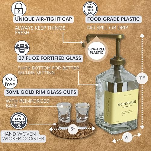 eBun Goldengleam Glass Mouthwash Dispenser (Gold Plastic Pump) 37oz Mouthwash Pump Dispenser, Mouth Wash Holder with Rinse Cup, Mouth Wash Glass Bottle, Decanter, Large Bottle for Bathroom Set