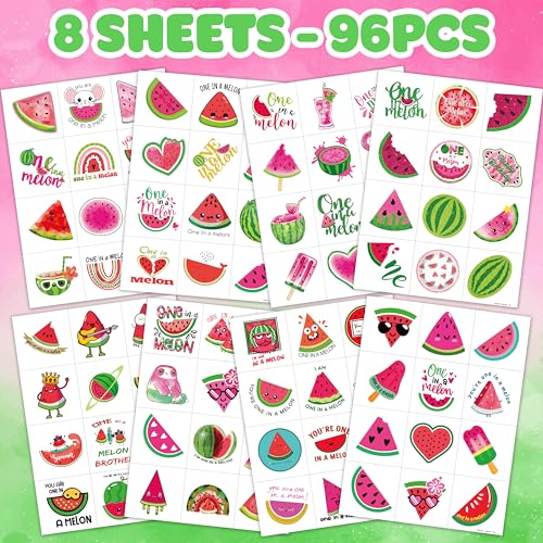 Melon Pre-Cut Temporary Tattoos 8 Sheets 96PCS Watermelon One First Party Decorations Supplies Favors First Summer Theme Birthday Stickers Christmas Gifts for Boys Girls Class School Prizes Carnival