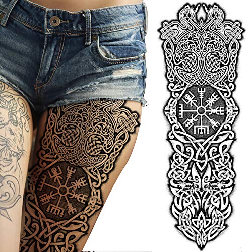 temporary tattoo full arm stick on body art viking icelandic medieval celtic transfer for women and men cosplay halloween adult aegishjalmur temp tattoo tree of life wolfs fancy dress