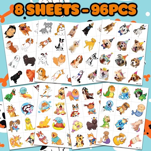 96 PCS Dog Pet Pre-Cut Temporary Tattoos for Kids | Super Cute First Themed Birthday Party Favors, Supplies, Decorations, Animal Fake Tattoo Stickers (Multiple)