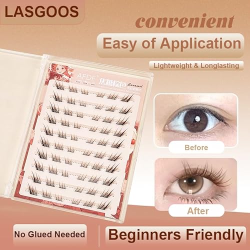 Brown Self Adhesive Fake Eyelashes 60 Clusters Press On Eyelash LASGOOS Natural Curl 3D Lash 10-12mm Pre-Glued Longlasting Winged Lashes Bulk DIY Eyelash Extensions No Glue Needed False Lashes SDJ
