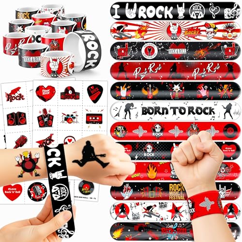 72PCS Rock and Roll Party Set 48PCS Temporary Tattoos 24PCS Slap Bracelets Music Themed Birthday Supplies, Baby Shower Gifts, Classroom Rewards & Party Decor for Kids Boys Girls