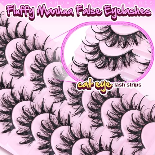 Manga Lashes Cat Eye Dramatic False Eyelashes Wet Look D-Curly Long Anime Lashes Strips Thai Style Manhua Lashes Strips Cosplay Eyelashes Wispy Spiky Lashes 12-20MM 9 Pairs by Zegaine