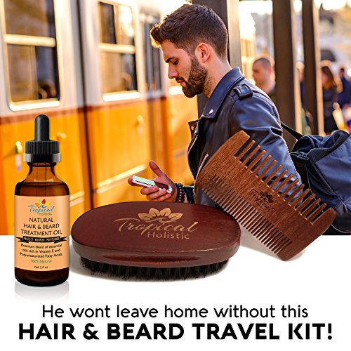 Tropical Holistic Natural Beard Grooming Kit for Men, 3-in-1 Set, Boar Bristle Brush, Handmade Wood Comb, 100% Pure Unscented Hair Treatment Oil 2 oz, Travel Bag