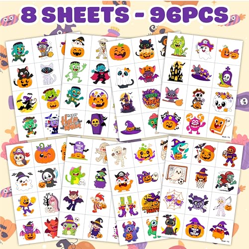 96PCS Halloween Pre-Cut Temporary Tattoos - Pumpkin, Spider, Designs Party Favors, Halloween Party Favors, Trick or Treat Handouts, Classroom Rewards Gifts