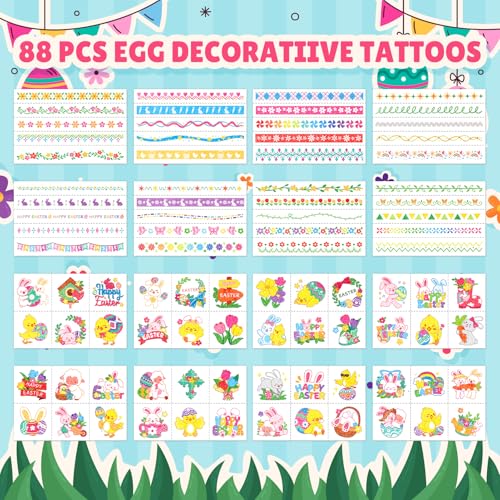 EMOME Glitter Easter Tattoos for Kids, 88 PCS Tattoo Stickers for Egg Decorating Kit, Eater Egg Fillers, Basket Stuffers, Party Favor Decoration, Kids Easter Crafts Game Activities Essentials