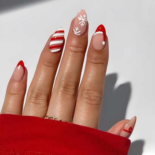 Christmas Press on Nails Short Almond Fake Nails, Xmas Hat Tip Nails Press Ons with White Snowflake Bow Designs Glue on Nails Full Cover False Nails Glossy Acrylic Nails for Women 24Pcs