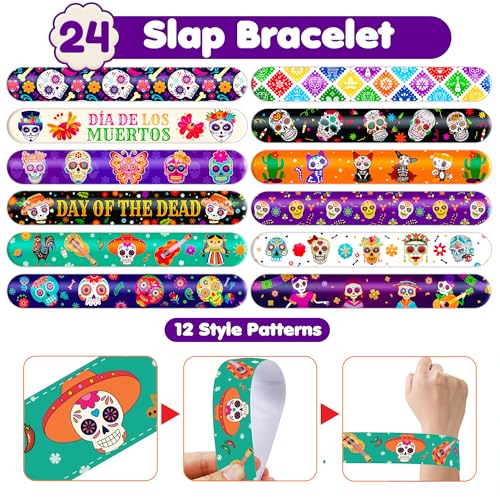 72PCS Day of the Dead Party Set | 48PCS Temporary Tattoos & 24PCS Slap Bracelets Fun D?a de los Muertos Birthday Supplies, Baby Shower Gifts, Classroom Rewards & Party Decor for Kids