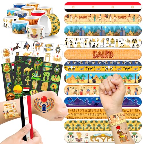 96 PCS Ancient Egypt Party Favors Set ? 72 Pre-Cut Temporary Tattoos & 24 Slap Bracelets, Perfect for Egyptian-Themed Events, Travel-Inspired & Ancient History Gifts