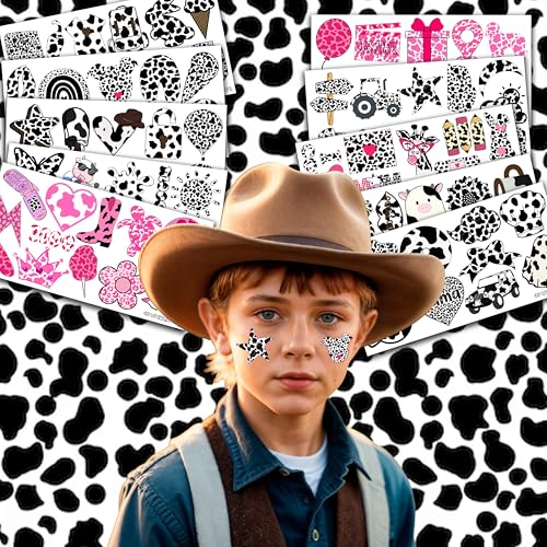 110 PCS Cow Print Birthday Party Decorations Favors Supplies Farm Animal Pink Happy Cow Temporary Tattoos Decor Stickers For Little Cow Girls Boys Gift School Prizes Rewards