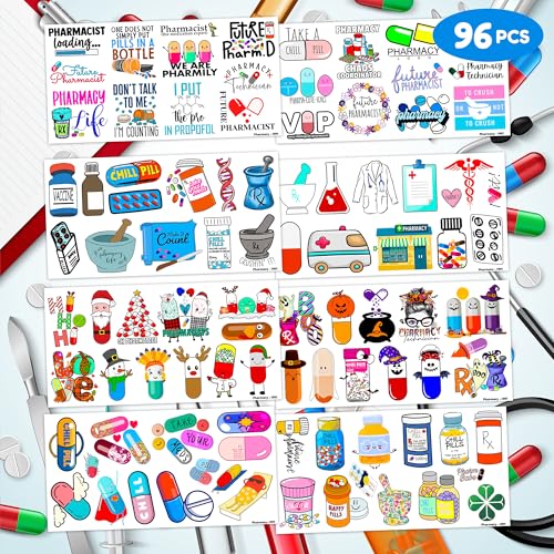 96PCS Funny Future Pharmacy Temporary Tattoos Happy Birthday Party Decorations Supplies Favors Decor Doctor Nurse Pharmacist Tattoo Stickers Gifts For Graduation Kids Adults Boys Girls Prizes Carnival