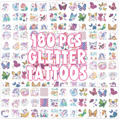 Glitter Temporary Tattoos for Girls - 180 Individually Sheets Mermaid Butterfly Unicorn Tattoo Stickers for Kids, Waterproof Fake Tattoos for Birthday Party Favors Goodie Bags Stuffers Party Fillers