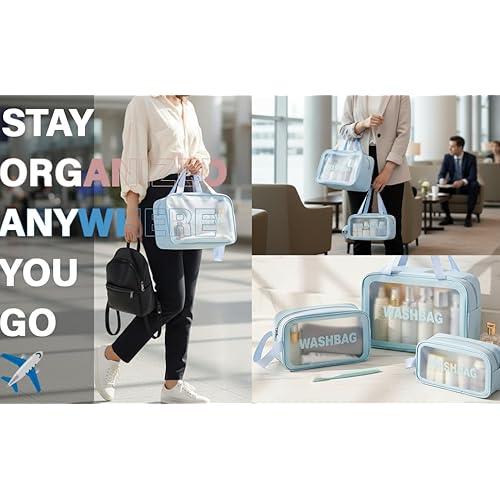 Makeup Cosmetic Bag Travel Organizer ? 3 Piece Set in Blue, PU+PVC Material ? Small, Medium, Large ? Waterproof, Durable & Stylish Toiletry Bags for Women