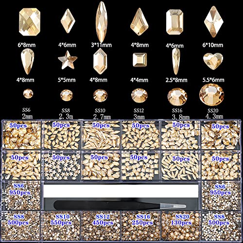 4880Pcs Champagne Rhinestones for Nails, Gold Crystal Nail Rhinestones Round Beads Flatback Glass Gems Stones, Multi Shapes 3D Nail Crystals for Nail Art DIY Crafts Clothes Shoes Jewelry