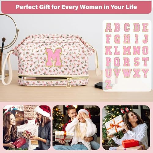 Personalized Initial Makeup Bag, Pink Flowers Quilted Makeup bag Valentine's Day for Girls,Teen, Women, Double Layer Travel cosmetic Bag with Make up Brush Organizer,Cute Travel Toiletry Pouch