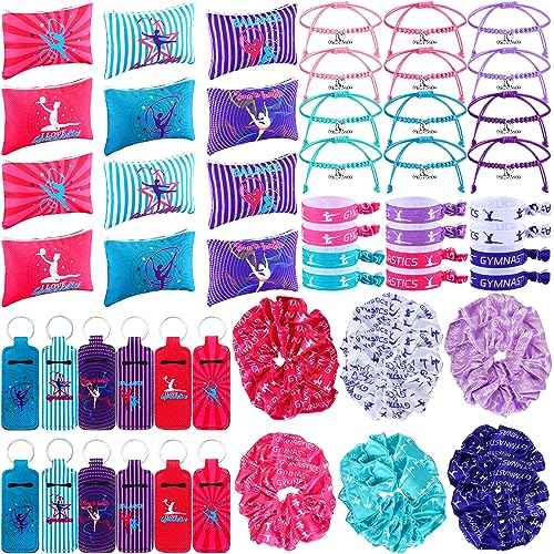 Abbylike 60 Pcs Gymnastics Party Favors 12 Dance Makeup Bag 12 Gymnastics Charm Bracelet 12 Girls Dance Hair Scrunchies 12 Sports Elastics Hair Ties 12 Gymnastics Keychains for Gift Birthday Supplies