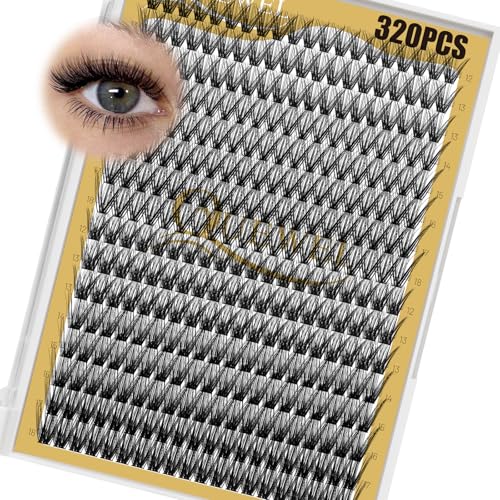 QUEWEL Lash Clusters 320Pcs Cluster Lashes 40D+50D C Curl Lash Cluster Eyelash Extensions Mix12-18mm Individual Eyelashes Clusters Wispy Lash Clusters Thin Band Soft to Use at Home(40D+50D C Mix12-18)