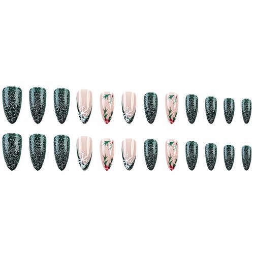 Christmas Press on Nails Medium Almond False Nails Green Fake Nails with Xmas Holly Leaves Design Glitter Glue on Nails Snowflake Acrylic Nails French Tip Stick on Nails for Women 24Pcs
