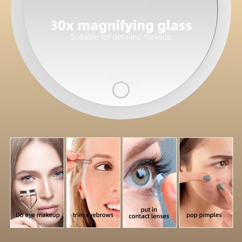30X Magnifying Mirror with Light, Large 6'' Magnifying Makeup Mirror with Light 30X, Travel Mirror with 30X High Magnification Compact 30X Magnified Mirror with Light, 3 Suction Cup & Adjustable Stand