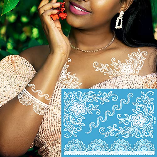 6 Sheets White Henna Temporary Tattoos for Women Girls Lace Fake Tattoo Stickers Mystery Sexy Mandala Flower Body Art Design Waterproof Henna Sticker DIY Goddess Look