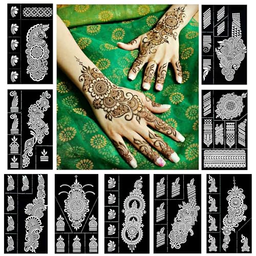 Reusable Henna Tattoo Stencils Kit, Mehendi Stencils for Hands Forearm Glitter Airbrush DIY Tattooing Template,9 Sheet Indian Temporary Tattoo Stickers for Women Girls£¨8.2" x 4.7"£©