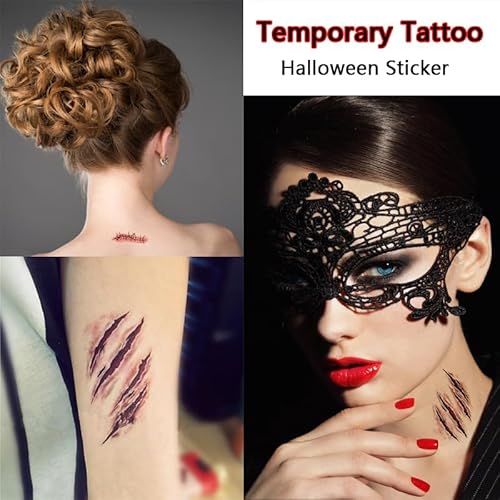 Face Body Horror Realistic Fake Scar Scab Waterproof Temporary Tattoos Sticker Halloween Fool's Day Zombie Masquerade Prank Makeup Props for Kids Adult Fun (8 Sheets)