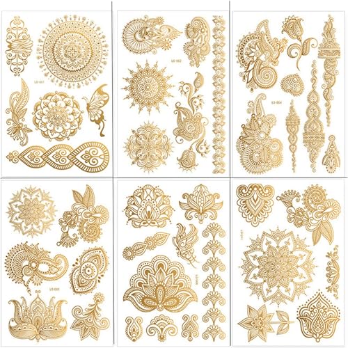 Henna Tattoos, Gold Henna Temporary Tattoos Stickers for Women Wedding Party Festivals, & Parties Decoration Suppliers 6Sheets (gold)