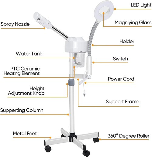 BBBuy 2 in 1 Facial Steamer Professional Nano Ionic Face Deep Cleansing Hydration with 5X Magnifying LED Lamp & Rolling Wheels, High Frequency, Portable Home Spa Salon Beauty Skin Care Equipment