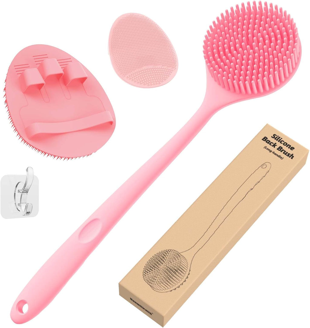 Manmihealth Silicone Back Scrubber (Thick Bristles) & Bath Glove & Face Brush Set(3PCS), Super-Exfoliating & Lathering Body Scrubber, Shower Brush, Face Scrubber Combination, with a Free Hook.(Black)