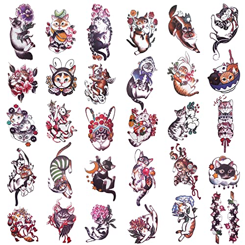 30 Sheets Hand Arm Clavicle Temporary Tattoo Stickers Cute Japanese Style Cat for Men Women Teens