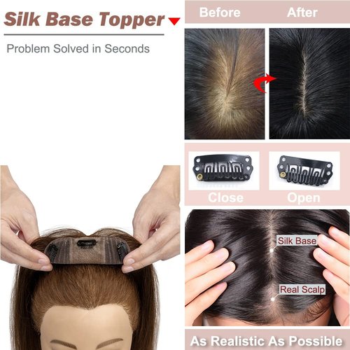 Hairro Hair Topper Human Hair, Clips in 100% Real Hairpieces with 4"x 4.7" Silk Base for Women, for Thin Hair/High Hairline/Covering Greyish Hair on Top, 6 Inch Medium Brown