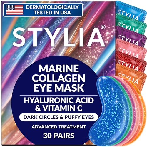 Stylia Collagen & Vitamin C Under Eye Patches for Puffy Eyes & Dark Circles - Depuffing, Hydrating & Firming Under Eye Mask with Hyaluronic Acid - Stocking Stuffers for Teen Girls, Vegan (30 Pairs)