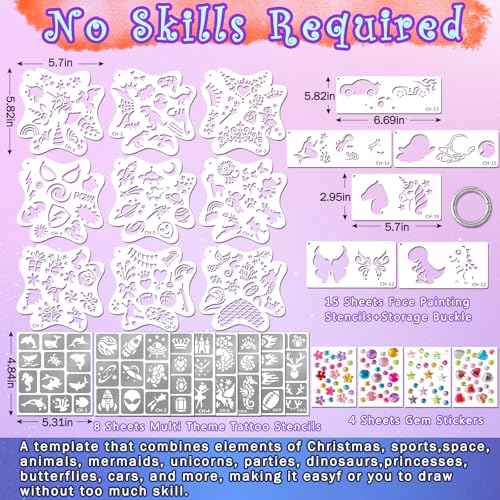 Water Activated Face Paint Professional Kit, Water Based Face Painting kit for kids, 42 Color Non-Toxic Face Paint Palette with Tattoo Stencils, Gems, Brushes for Parties, Carnival, Festivals