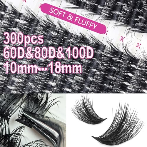 Eyelash Clusters Extension Natural Thick D Curl Cluster 300pcs 60D+80D+100D 10-18mm Individual Eyelash Extensions Natural Fluffy Wispy Fake Eyelashes,(60D+80D+100D, 10-18mm,300Pcs)