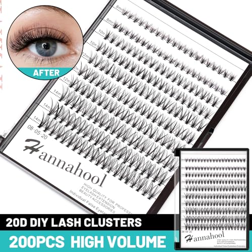 200Pcs 20Roots Individual False Lashes Mixed 8-10-12-14mm/9-11-13-15mm/10-12-14-16mm/16-18mm/18-20mm 0.07 Thickness Natural Cluster Eyelashes Makeup Volume Eye Lash Extensions (8-10-12-14mm)