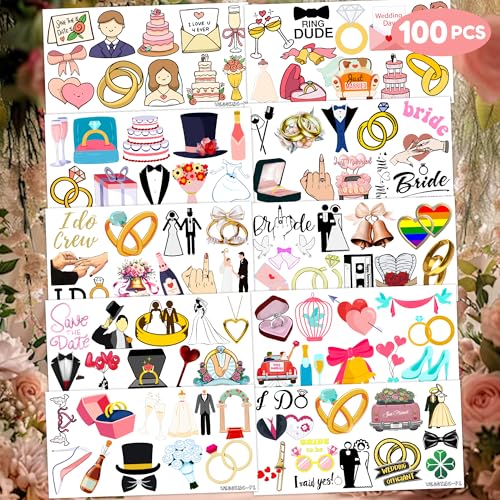 100 PCS Wedding Birthday Party Decorations Favors Supplies Gold Bridal Ring Diamond Bachelorette Temporary Mr & Mrs Engagement Tattoos Stickers Girls Boys Classroom School Prizes Reward