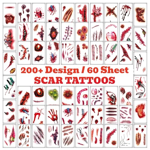 60 Sheet Halloween Zombie Scars Tattoo Stickers - Fake Scab Blood Special Fx Costume Makeup Props for Masquerade Party Prank Decorations