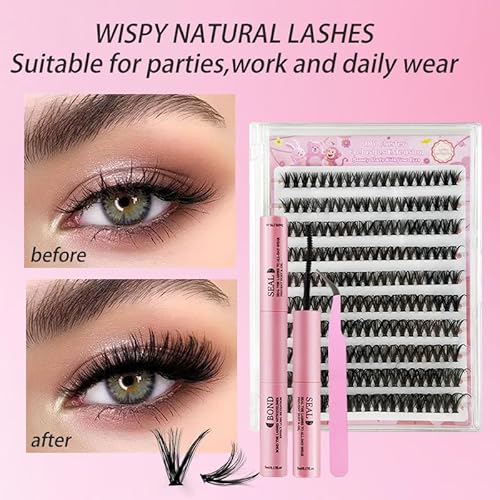 Lash Clusters Kit & NESCAT Lash Clusters with Natural & Wispy Eyelash Clusters,Fluffy Manga Anime Fairy Style,Bottom LashClusters, C Curl Self Adhesive Lash Clusters with Lash Glue(WM3)