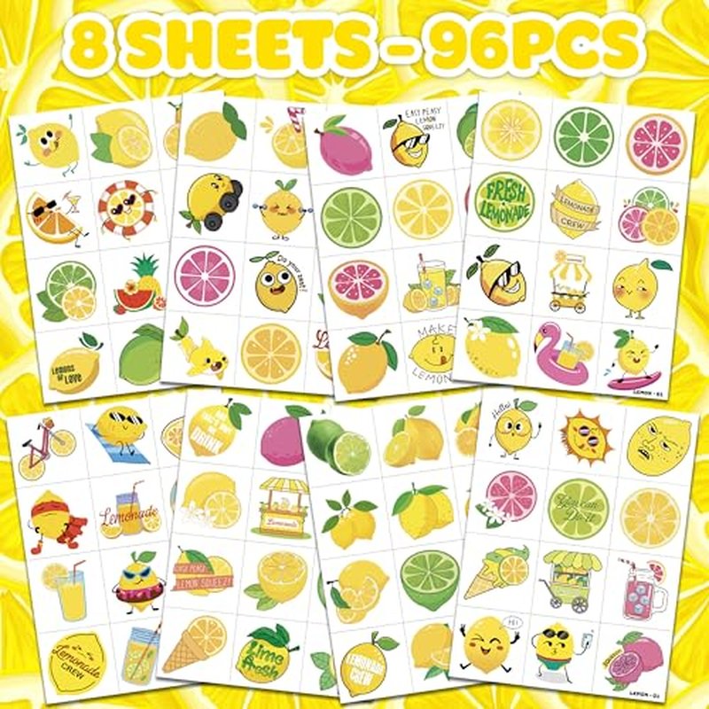 96 PCS Lemon Pre-Cut Temporary Tattoos for Kids | Super Cute Themed Birthday Party Favors, Supplies, Decorations, Funny Lemonade Lime Fake Tattoo Stickers, School Prizes & Gifts Boys & Girls & Rewards