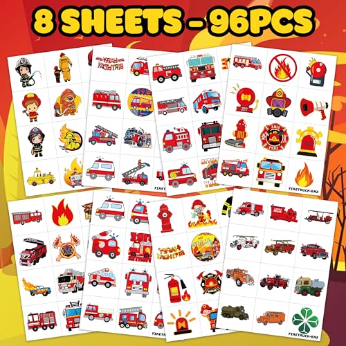 96PCS Fire Truck Pre-Cut Temporary Tattoos for Kids ? Firefighter Party Favors Supplies, Emergency Vehicle Theme Decorations, Fireman Birthday Tattoo Stickers for Boys Girls Classroom Rewards