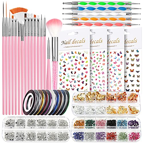 Teenitor Acrylic Nail Kits for Beginners, 600pcs Clear Coffin Nail Tips, 16 Sheets Nail Art Sticker, 8 Boxes Nail Sequins Glitters, 15pcs Nail Art Brushes, 5pcs Nail Dotting Pens