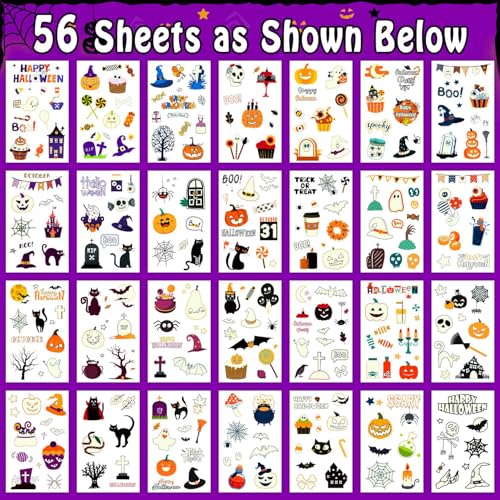 Partywind 56 Sheets Luminous Blue Halloween Tattoos for Kids Party, 520 Styles Halloween Party Supplies Favors Decorations for Boys and Girls Treats, Goodie Bag Stuffers for Trick or Treat Party