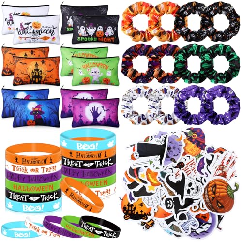 Capoda 86 Pcs Halloween Party Set Horror Gifts Bulk Include 12 Makeup Bags 12 Silicone Bracelets 12 Hair Scrunchies 50 Stickers for Women Classroom Office Birthday Party Supplies