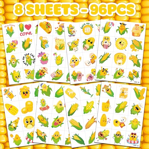 96 PCS Cute Corn on Cob Pre-Cut Temporary Tattoos for Kids | Super Cute Themed Birthday Party Favors, Supplies, Decorations, Fake Tattoo Stickers, School Rewards Prizes & Gifts For Boys & Girls