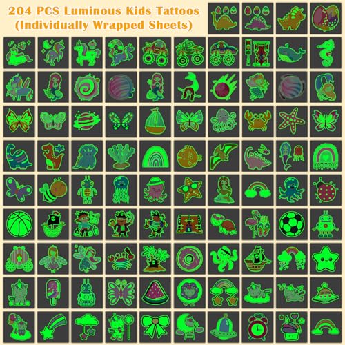 Partywind 204 Styles Luminous Kids Temporary Tattoos, Glow Party Supplies Favors for Kids Goodie Bag Stuffers, Fun Birthday Party Decorations for Boys Girls Games (Individually Wrapped Cut)
