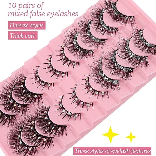 Uranian False Eyelashes with Glitter Natural Look Faux Mink Lashes Fluffy Wispy Fake Eyelashes Thick Lash Clusters Eye Lash Extension Luxury Rhinestone False Eye Lashes for Women (10 Pairs)