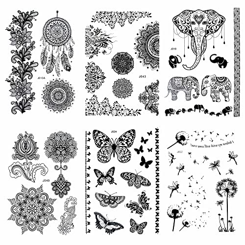 Temporary Tattoos for Women 6 Pack Henna Tattoo Stickers for Adults Women & Girls Metallic Black Lace Body Art Large Big Arm