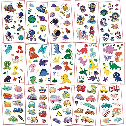 Metker 360PCS Luminous Waterproof Temporary Tattoos - Dinosaurs, Vehicles, Space Themes for Kids Party Supplies