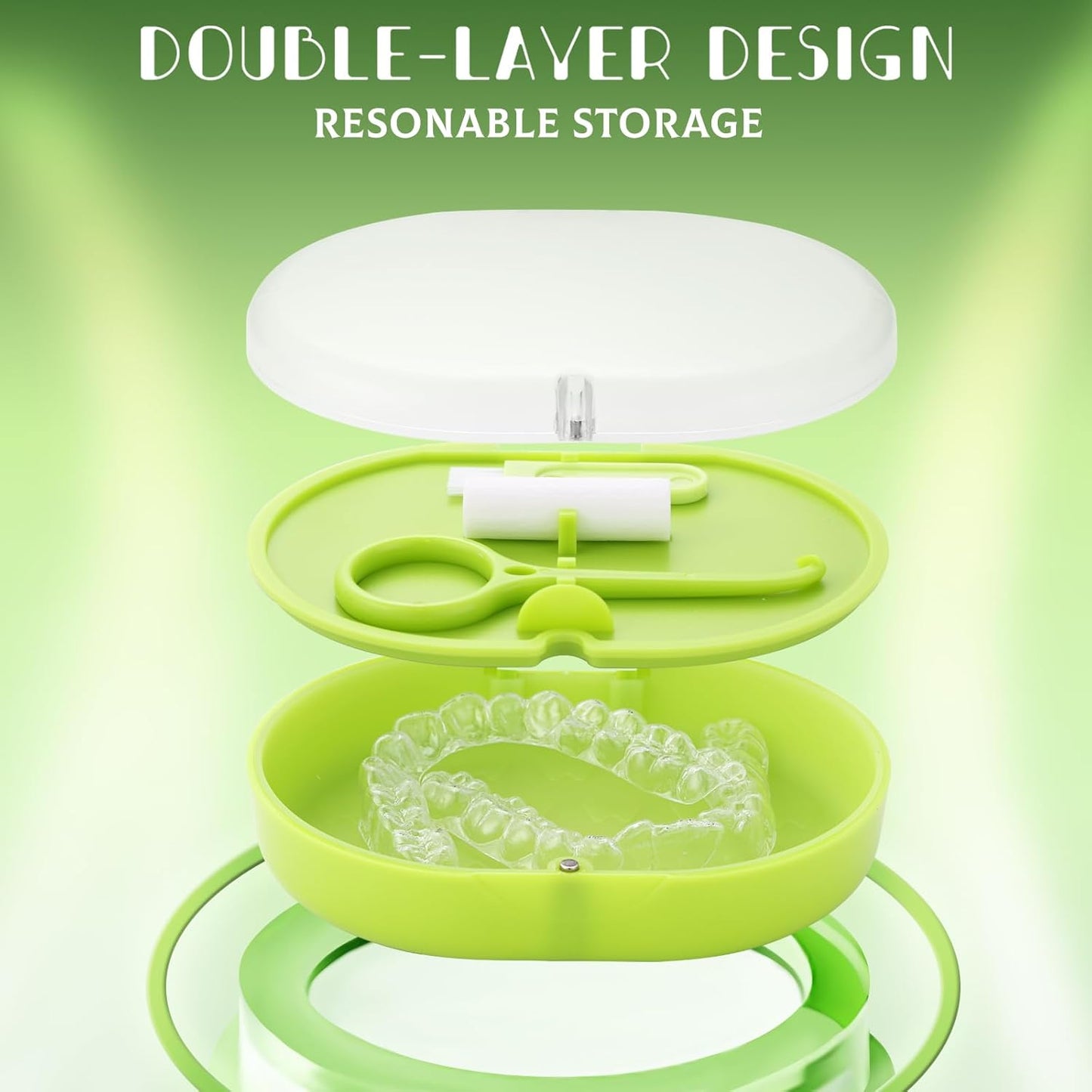 Orthodontic Retainer Storage Case with Cleaning Brush, Mirror & Chewing Tool - Double Layer Design